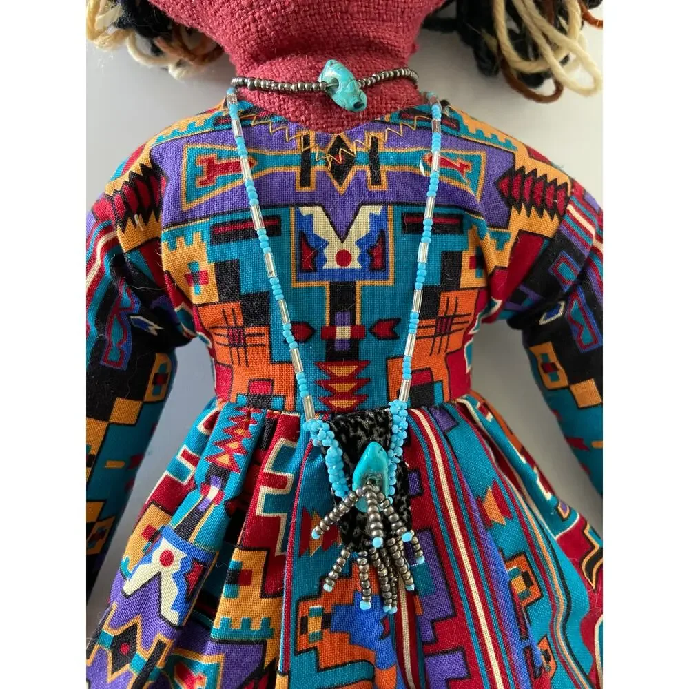 Handmade Boho Folk Art Beaded Red Purple & Blue Embroidered Yarn Hair Cloth Doll